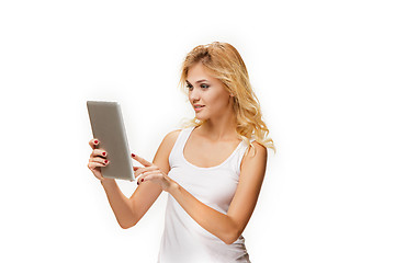 Image showing Portrait of beautiful smiling girl with modern laptop