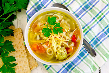 Image showing Soup Minestrone in bowl on napkin top