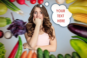 Image showing Young healthy woman with vegetables. Collage