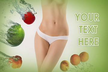 Image showing Young healthy woman with fruits. Collage