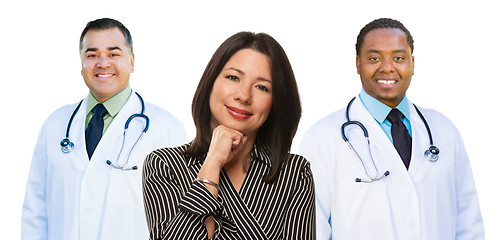 Image showing Two Mixed Race Doctors Behind Hispanic Woman on White