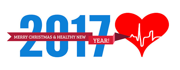 Image showing Congratulations to the healthy new year with a heart and cardiogram. Vector illustration