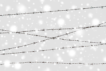 Image showing barb wire fence over gray sky and snow