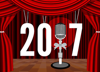 Image showing Happy New Year on the background of the stage with a microphone