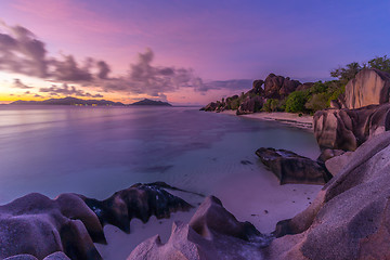 Image showing Dramatic sunset at Anse Source d\'Argent beach, La Digue island, Seychelles