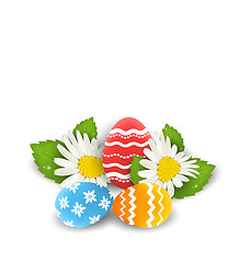 Image showing Traditional colorful ornate eggs with flowers camomiles for East