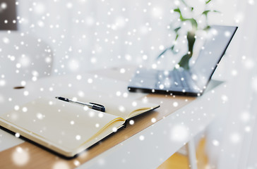 Image showing notebook or diary, pen and laptop on office table