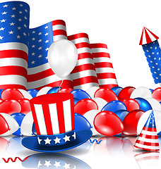 Image showing American Background with Balloons, Party Hats, Firework Rocket, Flag and Confetti