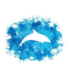 Image showing Grunge Blue Colorful Frame with Jumping Dolphin