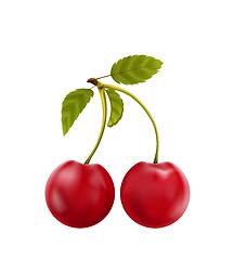 Image showing Pair Realistic Pulpy Cherries with Green Leaves