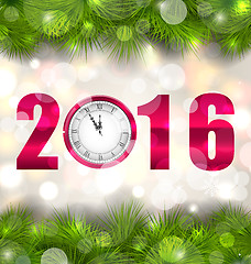 Image showing New Year Midnight Background with Clock and Fir Twigs