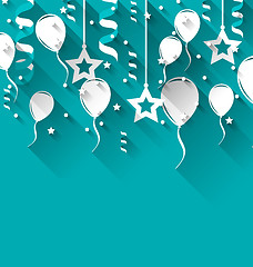 Image showing Birthday background with balloons, stars and confetti, trendy fl