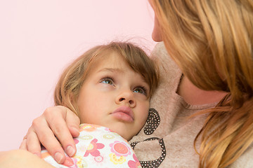 Image showing Mom comforting five-year daughter