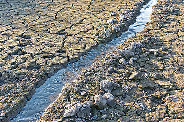 Image showing Water stream among dried cracked soil