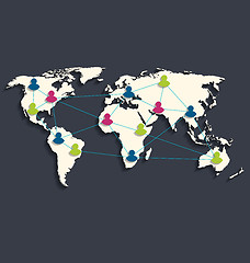 Image showing Social connection on world map with people icons, flat style des