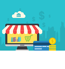 Image showing Concept of online shop, flat icons of computer, credit card and 