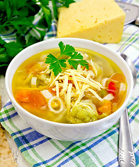 Image showing Soup Minestrone in white bowl on light board