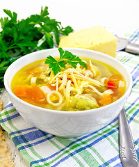 Image showing Soup Minestrone in bowl on napkin