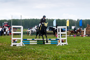 Image showing Young girl rider on a horse overcomes obstacles