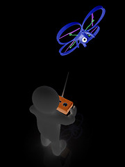 Image showing 3d man with drone, quadrocopter, with photo camera. 3d render. 3