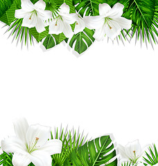 Image showing Frame branch tropical leaves and white flowers lily