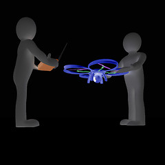 Image showing 3d man with drone, quadrocopter, with photo camera. 3d render. 3