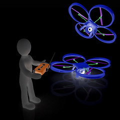 Image showing 3d man with drone, quadrocopter, with photo camera. 3d render. 3