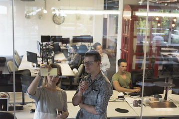 Image showing young couple at modern office interior writing notes on stickers