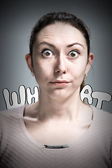 Image showing Portrait of young woman with shocked facial expression