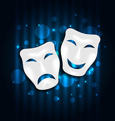 Image showing Comedy and tragedy theatre masks on blue shimmering  background