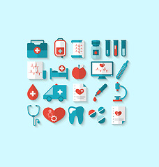 Image showing Collection modern flat icons of medical elements and objects