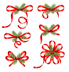 Image showing Bow Ribbons with Fir Branches Isolated