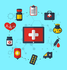 Image showing Tablet pc with medical icons for web design, modern flat style 