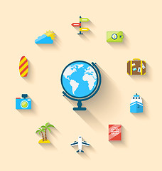 Image showing Flat set icons of globe and journey vacation, simple style with 