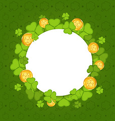 Image showing Celebration card with shamrocks and golden coins for St. Patrick