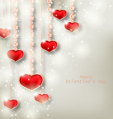 Image showing Glowing Background with Hanging Hearts for Valentine Day