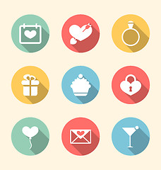 Image showing Trendy flat icons for Valentines Day, style with long shadows