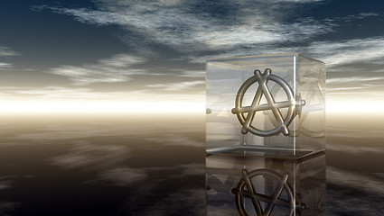 Image showing metal anarchy symbol in glass cube - 3d rendering