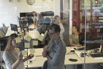 Image showing young couple at modern office interior writing notes on stickers