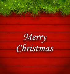 Image showing Christmas Wooden Background with Fir Twigs