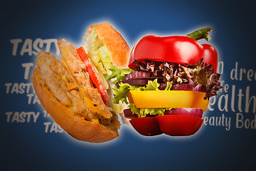 Image showing Healthy sandwich with fresh pepper, onion, salad lettuce. Detox diet.