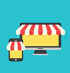 Image showing Concept of online shop, e-commerce, flat icons style of computer
