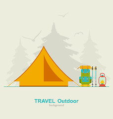 Image showing Travel Camping Background with Tourist Tent, Backpack, Lantern and Trekking Pole