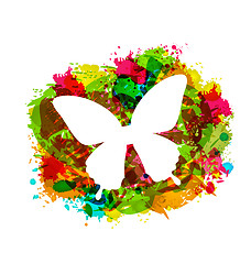 Image showing Simple White Butterfly on Colorful Grunge Damage Frame