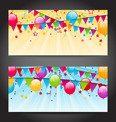 Image showing Abstract banners with colorful balloons, hanging flags and confe