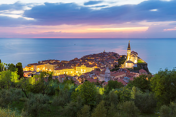 Image showing Romantic colorful sunset over picturesque old town Piran, Slovenia.