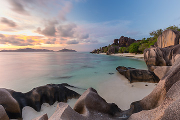 Image showing Dramatic sunset at Anse Source d\'Argent beach, La Digue island, Seychelles