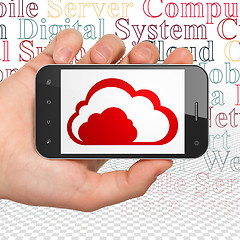Image showing Cloud computing concept: Hand Holding Smartphone with Cloud on display