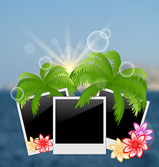 Image showing Set photo frame with palms, flowers, on blurred seascape backgro