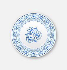 Image showing White plate with russian ornament in gzhel style